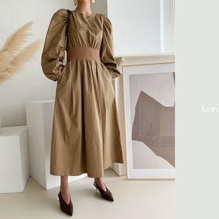 Bishop-sleeve Band-waist Maxi Dress