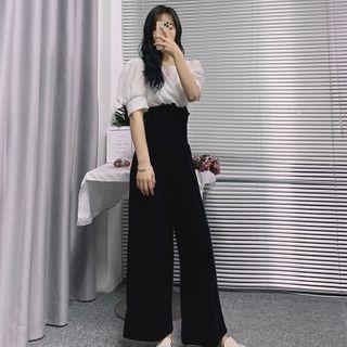 Set: Plain Puff Sleeve Cropped Top + High Waist Wide-leg Pants