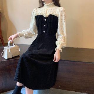 Mock Two-piece Puff-sleeve Lace Panel Midi Dress
