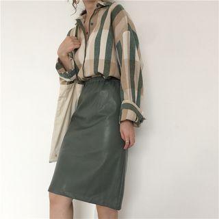 Plaid Shirt / Faux Leather Straight Fit Skirt