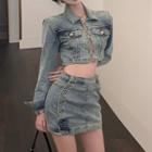 Long-sleeve Pocket-detail Cropped Denim Jacket / High-waist Button A-line Denim Mini Skirt