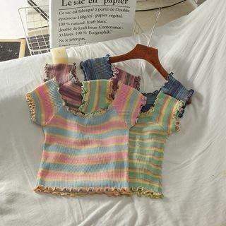 Short-sleeve Color Block Striped Wood Ear Trim Knit Top