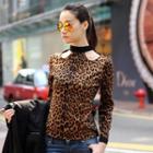 Long-sleeved Cutout Leopard Print Top Leopard - One Size