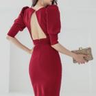 Square-neck Puff-sleeve Open-back Dress