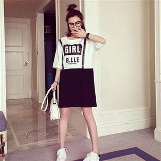 Elbow-sleeve Color-block Printed Dress