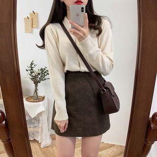 Set: Long-sleeve Buttoned Knit Top + Mini A-line Skirt