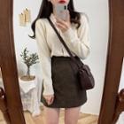 Set: Long-sleeve Buttoned Knit Top + Mini A-line Skirt