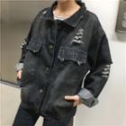 Distressed Denim Jacket / Crew-neck Long-sleeve T-shirt