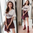 Set: Letter Short-sleeve T-shirt + Plaid Mini Skirt