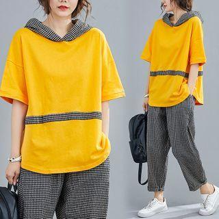 Set: Gingham Panel Short-sleeve Hooded T-shirt + Gingham Harem Pants