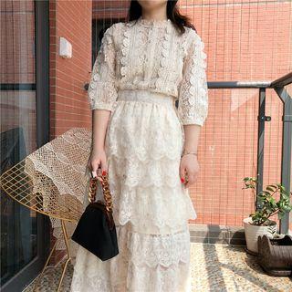 Set: Elbow-sleeve Lace Blouse + Camisole