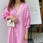 Elbow-sleeve V-neck Check Shift Dress