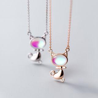 925 Sterling Silver Cat Eye Stone Cat Pendant Necklace