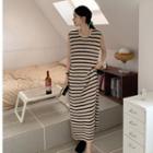 Sleeveless Striped Midi A-line Dress Black & Almond - One Size
