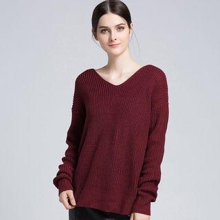 V Neck Open-back Knit Sweater