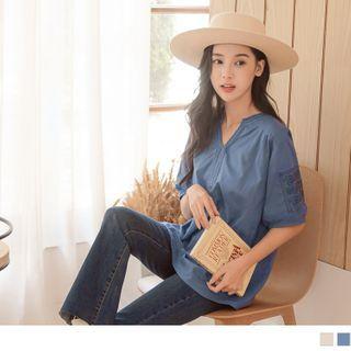 Bubble-short-sleeve Embroidered V-neck Top