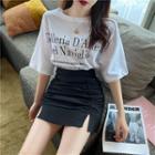 Short-sleeve Lettering T-shirt / Shirred Mini A-line Skirt