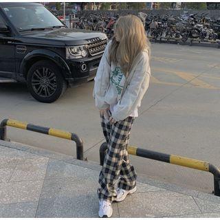 Print Hoodie / Plaid Straight-fit Pants