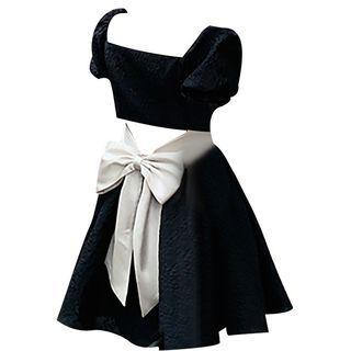 Short-sleeve Cutout-back Bow Mini A-line Dress