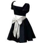 Short-sleeve Cutout-back Bow Mini A-line Dress