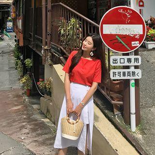 Linen Blend Slit-side A-line Midi Skirt