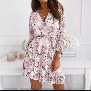 3/4-sleeve Floral Mini Wrap Dress