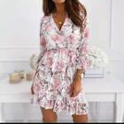 3/4-sleeve Floral Mini Wrap Dress