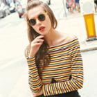 Long-sleeve Lace Panel Striped Knit Top
