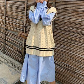 Knit Vest / Long-sleeve Midi Shirt Dress