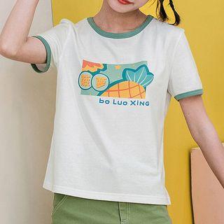 Contrast-trim Pineapple Print Short-sleeve Top