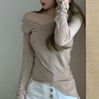 Long-sleeve Plain T-shirt Coffee - One Size