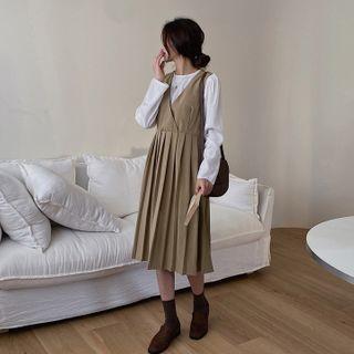 Wrap-front Pleated Midi Overall Dress One Size
