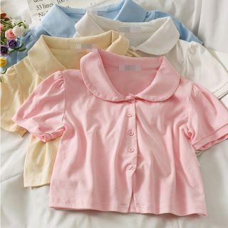 Puff-sleeve Button-up Cropped Polo Shirt In 5 Colors