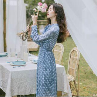 Dotted Tie-neck Long-sleeve A-line Dress