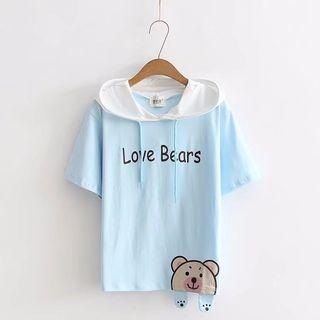 Short-sleeve Bear Print Hooded T-shirt