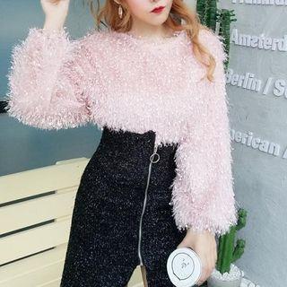 Plain Crewneck Fringed Long-sleeve Top + Glitter Zip Skirt