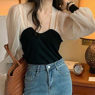 Puff-sleeve Two-tone Blouse Black & Almond - One Size