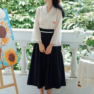 Set: Long-sleeve Floral Hanfu Top + Midi A-line Skirt