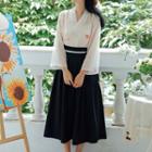 Set: Long-sleeve Floral Hanfu Top + Midi A-line Skirt