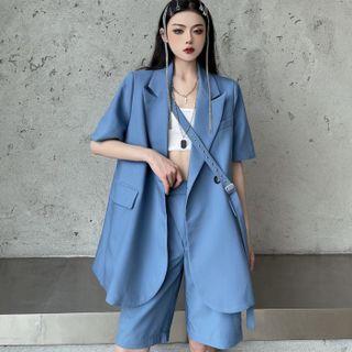 Short-sleeve Plain Double-breasted Blazer / Shorts