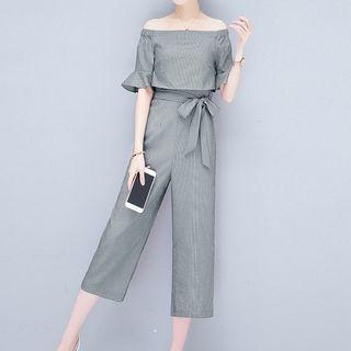 Striped Off-shoulder Wide Leg Jumpsuit
