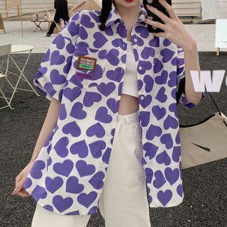 Short-sleeve Heart Print Applique Shirt