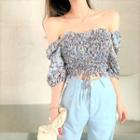 Elbow-sleeve Floral Print Blouse / Wide-leg Jeans