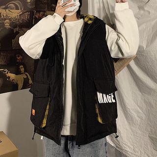 Sleeveless Letter Printed Hooded Padded Coat