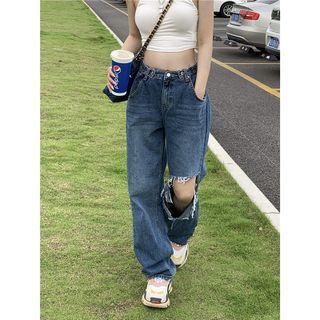Crop Tank Top / High Waist Distressed Loose Fit Jeans