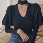 Puff-sleeve Turtleneck Cutout-front Top