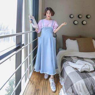 Frey-trim A-line Denim Suspender Dress