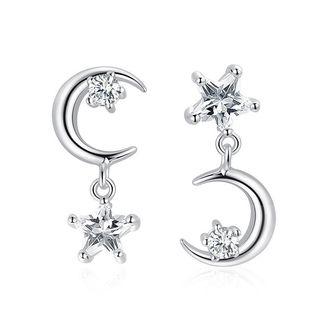 Asymmetric Rhinestone Star And Moon Stud Earring 1 Pair - 4541 - 01 White Gold - One Size