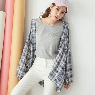 Loose-fit Long Sleeve Plaid Blouse