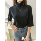 High-neck Elbow-sleeve Ribbed Knit Top